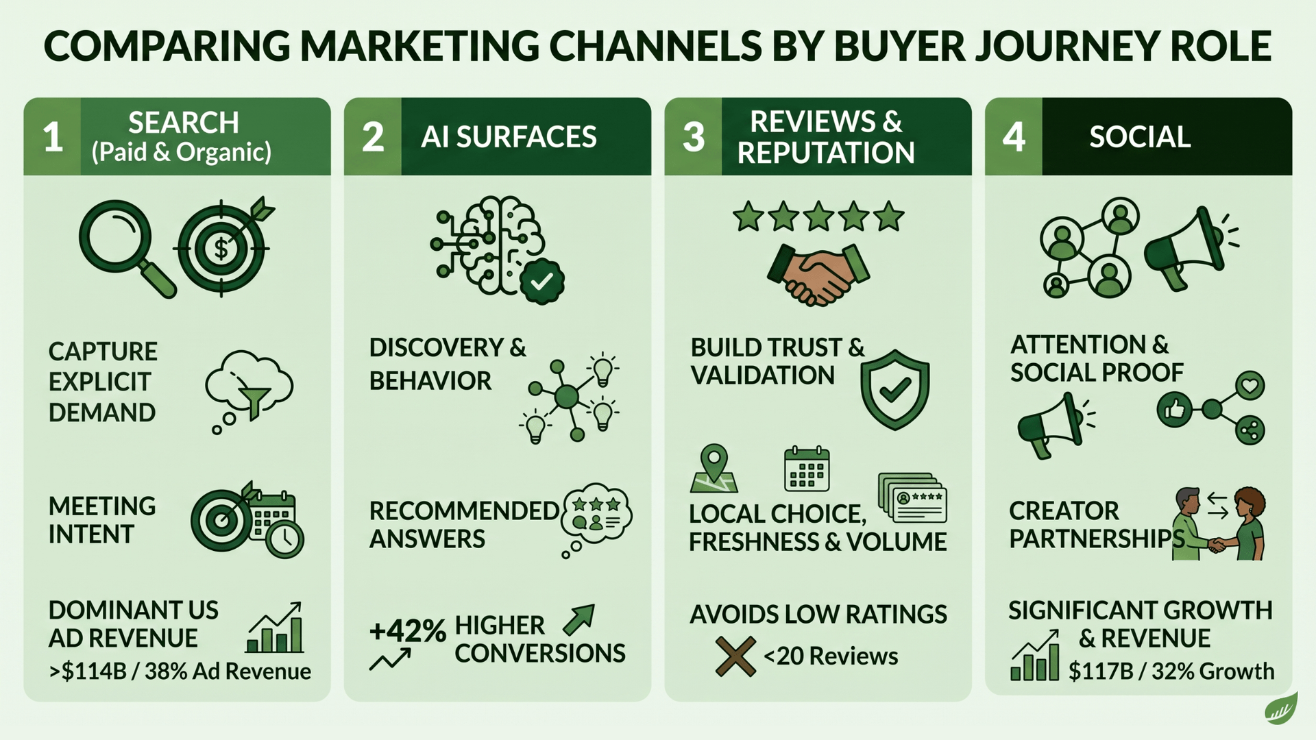 Infographic comparing four marketing channels by their role in the buyer journey: search (paid and organic) captures explicit demand and meets intent, accounting for more than $114B and 38% of US ad revenue; AI surfaces drive discovery and recommended answers with 42% higher conversions; reviews and reputation build trust and validation, with buyers avoiding businesses under 20 reviews; and social delivers attention, social proof, and creator partnerships at $117B and 32% growth.