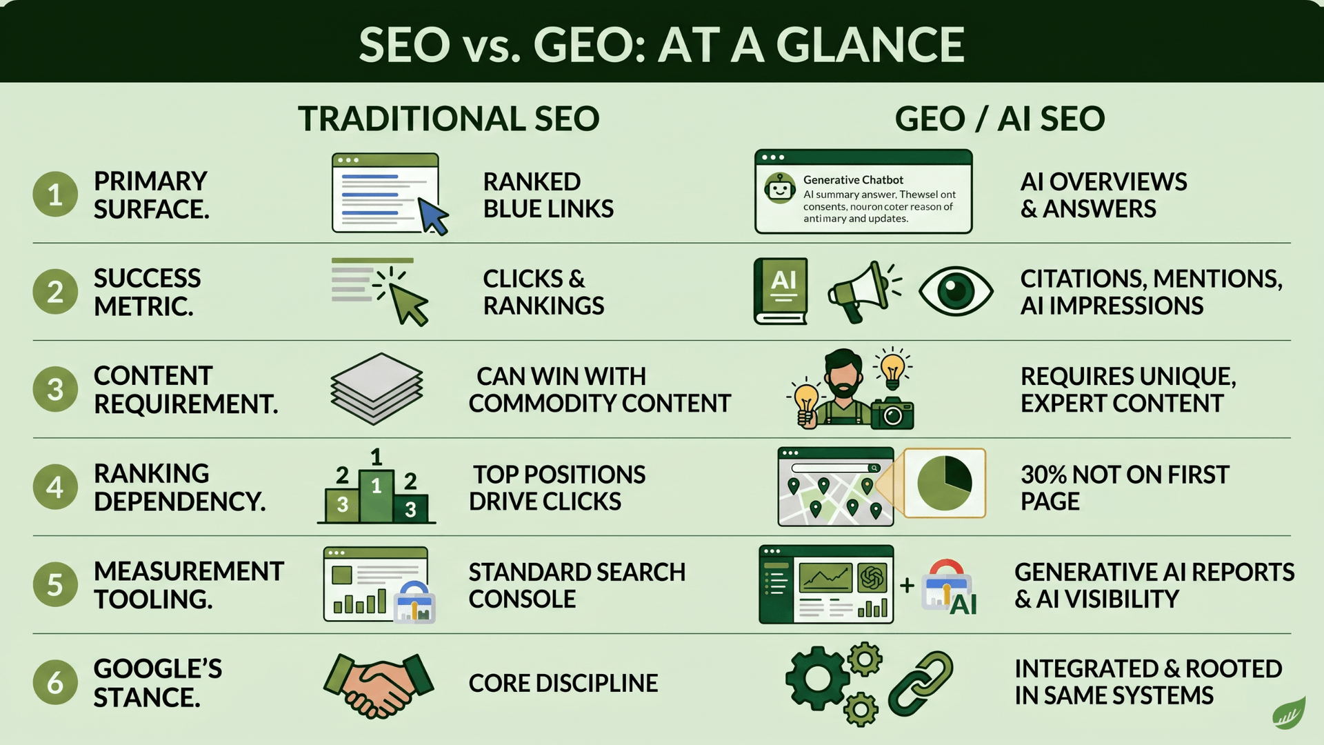 Infographic comparing traditional SEO and GEO/AI SEO across six dimensions: primary surface (ranked blue links vs. AI Overviews and answers), success metric (clicks and rankings vs. citations, mentions and AI impressions), content requirement (commodity content vs. unique expert content), ranking dependency (top positions drive clicks vs. 30% of cited domains not on the first page), measurement tooling (standard Search Console vs. Generative AI reports and AI visibility tools), and Google's stance (core discipline vs. integrated and rooted in the same systems).