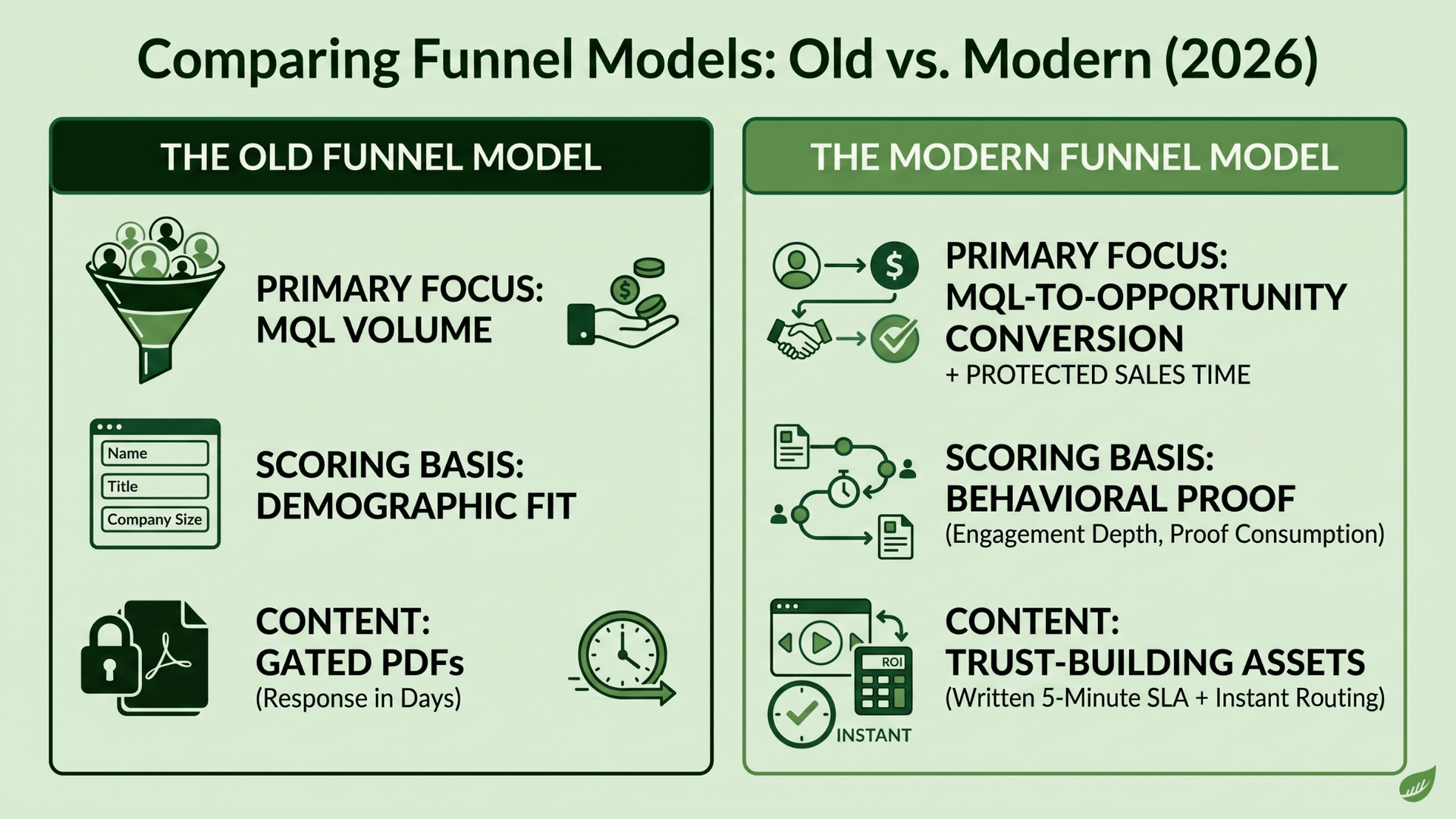 Side-by-side infographic comparing funnel models. The old funnel model: primary focus on MQL volume, scoring based on demographic fit, and gated PDF content with response times measured in days. The modern 2026 funnel model: primary focus on MQL-to-opportunity conversion plus protected sales time, scoring based on behavioral proof such as engagement depth and proof consumption, and trust-building content assets with a written five-minute SLA and instant routing.